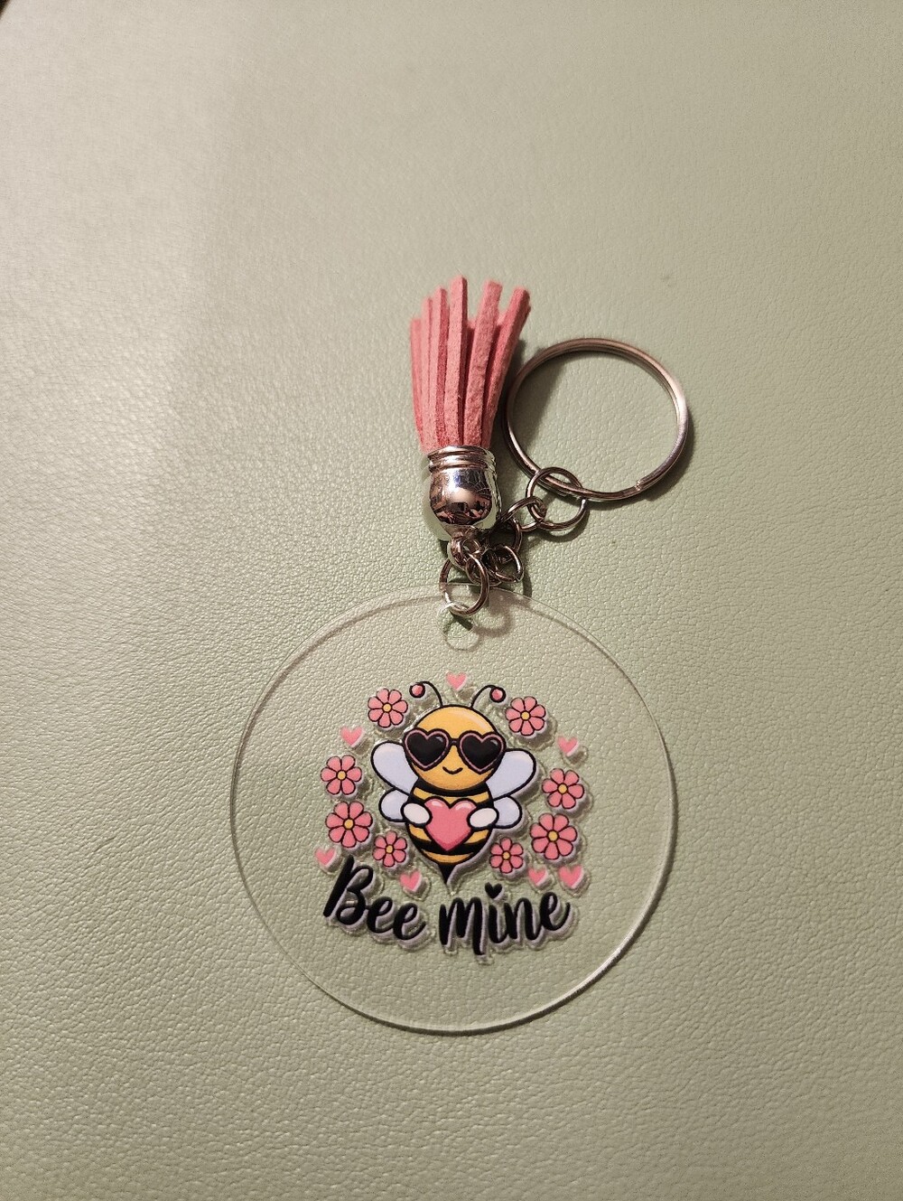 Bee Mine Heart Bee Acrylic Keychain with Pink Tassel